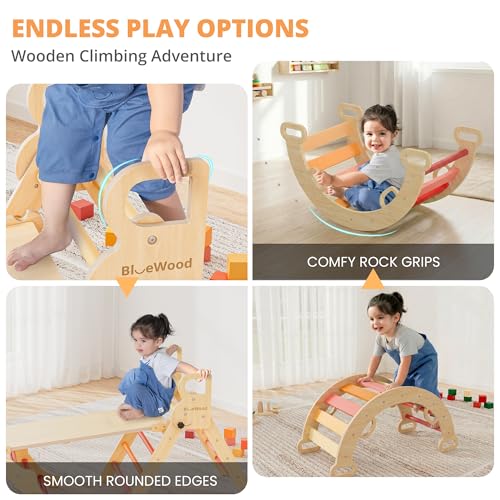 Image of BlueWood Pikler Triangle Set, Toddler Wooden Climbing Toys Indoor 7in1 Foldable Climber for Kids, Montessori Philosophy Play Jungle Gym with Arch, Ramp, Ladder (Farm Charm Autumn)