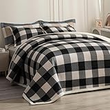 tohrisa Cotton Plaid Quilt Set, Ultra Soft 3 Pieces King Size Bedding with 2 Pillow Shams, Lightweight Reversible Coverlet Bedspread with Wave Quilting for Summer, 108'x96', Grid-Black White