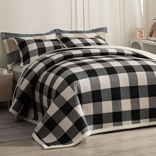 tohrisa Cotton Plaid Quilt Set, Ultra Soft 3 Pieces Queen Size Bedding with 2 Pillow Shams, Lightweight Reversible Coverlet Bedspread with Wave Quilting for Summer, 90"x96", Grid-Black White tohrisa Cotton Plaid Quilt Set, Ultra Soft 3 Pieces Queen Size Bedding with 2 Pillow Shams, Lightweight Reversible Coverlet Bedspread with Wave Quilting for Summer, 90"x96", Grid-Black White