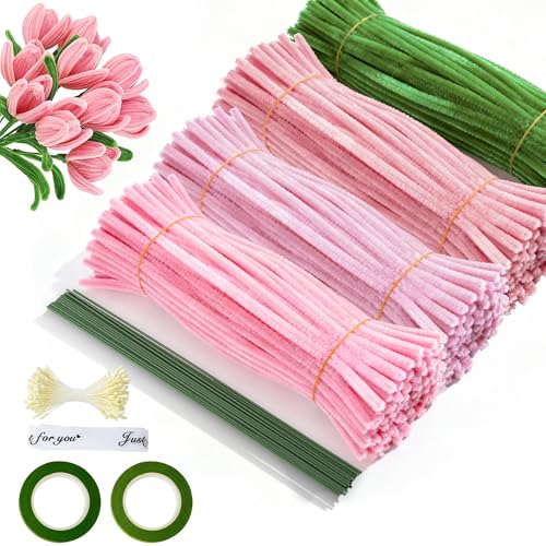 Pfeifenreiniger Blumen Set 400 Stück Pfeifenputzer zum Basteln Geschenkband und Klebeband Ideal für DIY-Projekte wie Trockenblumen Diamond Painting und Blumendeko (Rosa)
