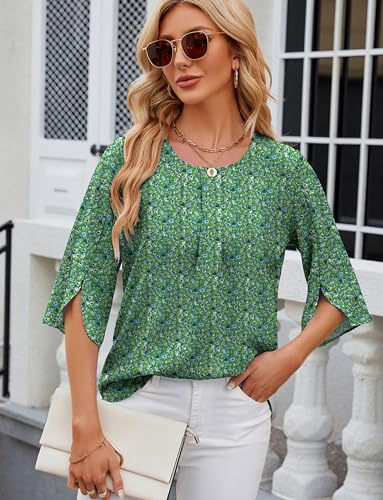Mansy Womens Tops Dressy Casual Pleated Scoop Neck 3/4 Sleeve Summer Shirts Office Work Chiffon Blouses2