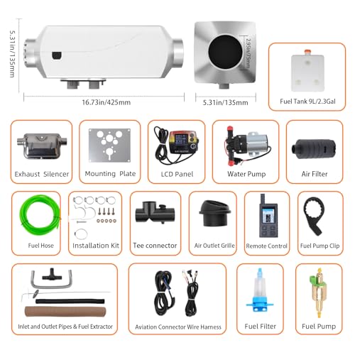 Image of 8KW Diesel Parking Heate 12V All-in-One Water - Air Heater with LCD & Dual Remote Control, Diesel Water Heater for 26 Gallon RV Water Tank Heating, Auto Temp Control, 9L Tank, for Car, Truck, RV