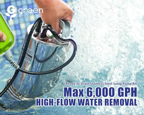 Image of Green Expert 1.5HP Submersible Sump Pump Kit with 25 ft Lay-Flat Discharge Hose, 6000 GPH 304 Stainless Steel Water Removal Pump with Tethered Float Switch for Basement, Sump Pit & Pool Drainage