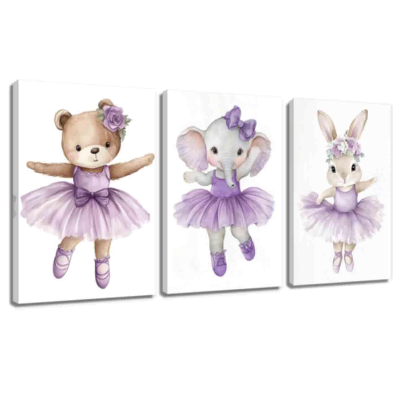 ZQQART Pink Ballet Bunny Canvas Wall Art 3 PCS Ballet Animals Art Pink Rabbit Picture Prints for Nursery Girls Room Decor (Purple,20W x28L x3)