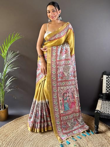 Image of Panzora Women's Tussar Silk Madhubani Printed Saree With Unstitched Blouse Piece