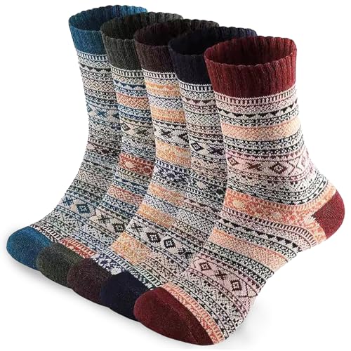 Image of 5 Pair Warm Socks Vintage Winter Thick Knit Cozy Crew Socks Boots Socks Gifts for Women