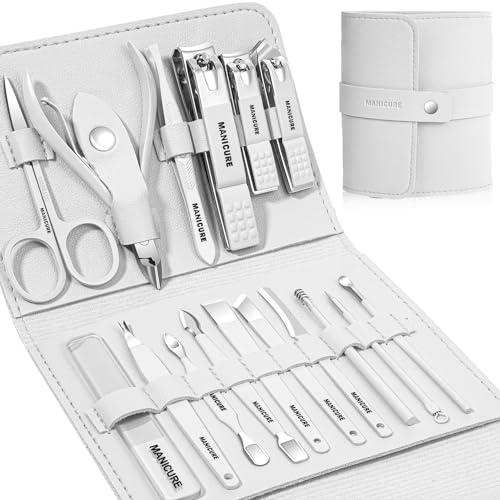 Manicure Set Professional Nail Clippers Pedicure Kit, 16 pcs Stainless Steel Nail Care Tools Grooming Kit with Luxurious Travel Leather Case for Thick Nails Men Women Gift (White)