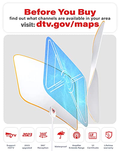 2023 Gesobyte Amplified Hd Digital Tv Antenna Long 250+ Miles Range - Support 4K 8K 1080P Fire Tv Stick And All Older Tv's - Indoor Switch Amplifier Signal Booster - 18Ft Hdtv Cable/Ac Adapter (White) #TOP1
