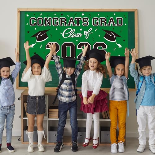 Image of 2026 Graduation Party Plastic Backdrop - 65 inch x 32.7 inch Congrats Grad Banner in Green, Large Class of 2026 Decorations, Photography & Grad Party Supplies