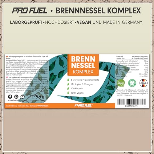 Brennesselkapseln 120x optimal hochdosiert - 800 mg Brennnessel-Extrakt im Komplex mit Rosskastanien-Extrakt, Weinrebenblatt-Extrakt, Kupfer & Mangan - laborgeprüft mit Zertifikat - Vorrat für 60 Tage
