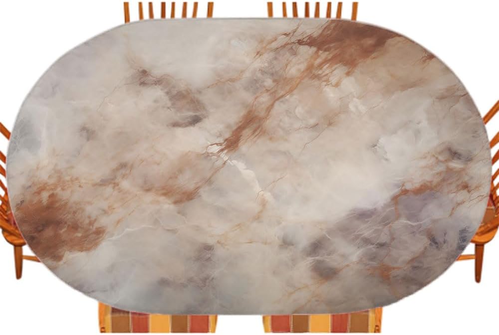Marble Oval Fitted Tablecloth, Marble Texture Background, for Kitchen Dining, Party, Holiday, Christmas, Buffet, Fits 48" x 68" Table