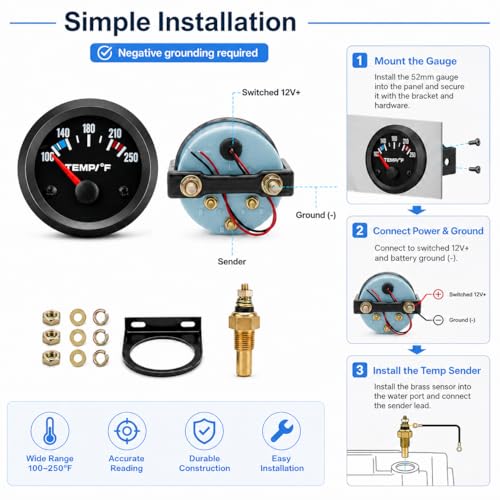 Image of Universal 2 inch 52mm Water Temp Gauge, Red | 100-250℉ Range, LED Backlight, DC 12V, Includes Sensor, For Car Boat Marine Truck Motorcycle