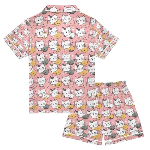 senya Cartoon Cat Pink Satin Summer Pajama Sets Silk Short Sleeve Button Down Sleepwear2