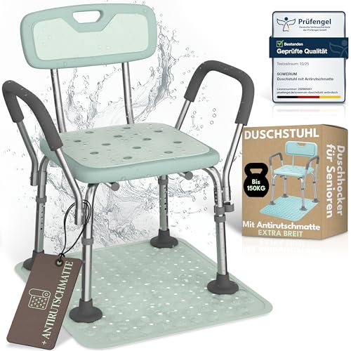 Duschstuhl für Senioren Duschhocker für Senioren mit Rückenlehne und Armlehne [mit ANTIRUTSCHMATTE] bis 150 kg Badhocker sicher extra rutschfest Hocker Duschsitz Stuhl mit Lehne Dusche modern