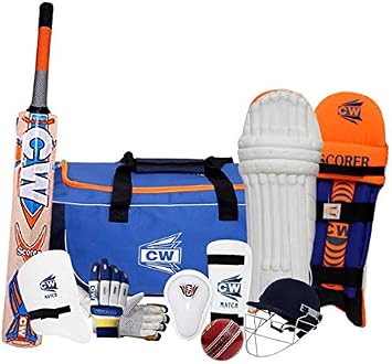 CW Junior Scoremaster Cricket Kit 6 9 Sports Gears Accessories Set (Orange Blue, 11-12 Yrs Players)