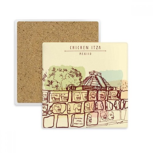 Dessin Chichen Itza dessous de verre carré en pierre absorbante multicolore pour tasse - 2