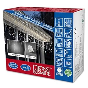 Konstsmide 3739-102 Lichtsnoer met leds in de vorm van ijspegels, voor buiten (IP44), werkt op batterijen:2 x D 1,5V (niet inbegrepen), met lichtsensor en een timer (6 en 9 uur), 80 leds, warmwit licht, witte kabel