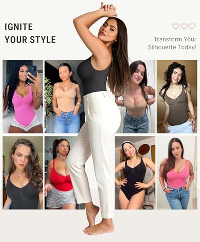 Image of FeelinGirl Shapewear Bodysuits for Women Tummy Control Thong Seamless V Neck Compression Body Suits Corset Top