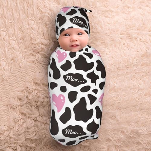 Image of Cow Print Pink Heart Baby Stuff Swaddle Blanket Wrap Baby Newborn Blanket Soft Sleep Sack Stretchy with Headband Hat Set Gift for Infant Boy Girl