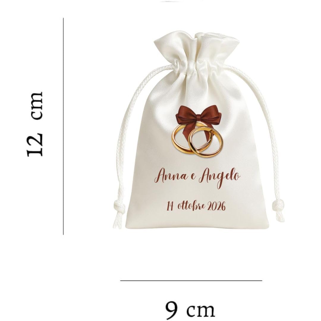 Cormar Sacchetto Portaconfetti Personalizzato per Matrimonio, con Nome e Data, Chiusura con Cordoncino, Kit 12 pezzi (FIOCCO BORDEAUX)