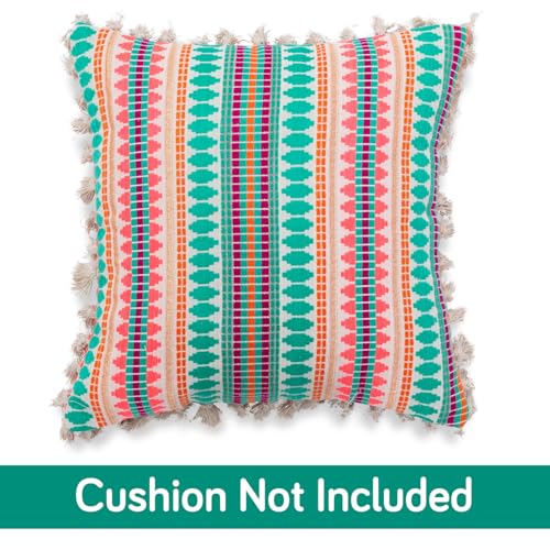 Image of HOKIPO 'Artisan Boho Series' 450 GSM Cushion Cover with Tassels | Cotton Acrylic Jacquard | 16x16 Inch (40x40 cm) | Pack of 2, Mint Green (IN-905-A7*2)