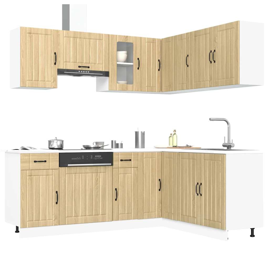 Set di 11 mobili da cucina Kalmar Sonoma in legno di quercia Sonoma con ampio spazio di archiviazione, piedini regolabili, mobiletto sottopensile, armadio angolare, pannello per