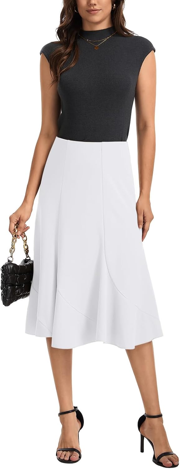 Women's High Waist Midi Skirt A-Line Flared Curved Paneled Flounce Hem Chiffon Mermaid Skirt