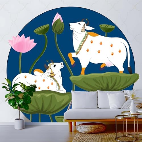 Image of Pichwai Cow Wallpaper for Mandir 3x3 Feet - Self-Adhesive Vinyl Peel & Stick, Removable Marble Wall Sticker for Pooja Room & Temple Walls (Pichwai Cow Lotus) (3X3)