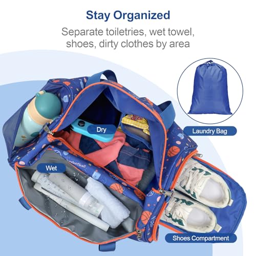 Image of Bagseri Boys Duffle Bag for Travel - Kids Gym & Sports Bag with Shoe Compartment & Water Resistant Wet Pocket, Weekender for Camping & Sleepover (Blue Basketball)