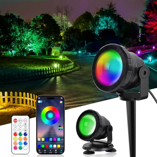 ASTRAEA RGB Outdoor LED Spot Lights, 12W Color Changing Landscape Spotlights Lighting with Remote Control & APP, Music Sync & Timer, Waterproof Spotlights Uplighting for Yard Garden Pathway, 2 Pack