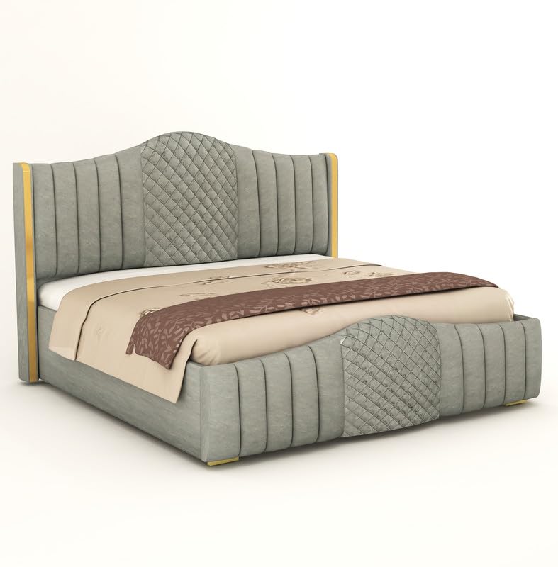 Image of Aesthetic crafts Hydraulic Bed King Size with Storage, Sheesham Wood Upholstered Wooden Double Bed, King Size Bed with Hydraulic Storage, Modern Platform Cot for Bedroom & Hotels, 6.5 x 6 Ft, Grey