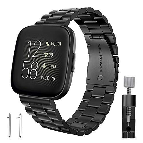 Compatible Fitbit Versa Bands, Kmasic Stainless Steel Metal Replacement Bracelet Starp Band for Fitbit Versa Sports Smart Watch Fitness, Black