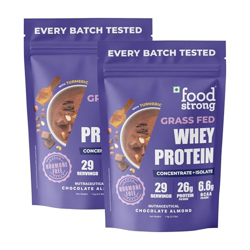Image of Foodstrong Whey Protein Powder (Concentrate + Isolate), 100% Hormone Free Grass-Fed Whey, 26G Protein & 6.6G BCAA, Chocolate Almond, With Turmeric & Digestive Enzymes, 1KG (Pack of 2)