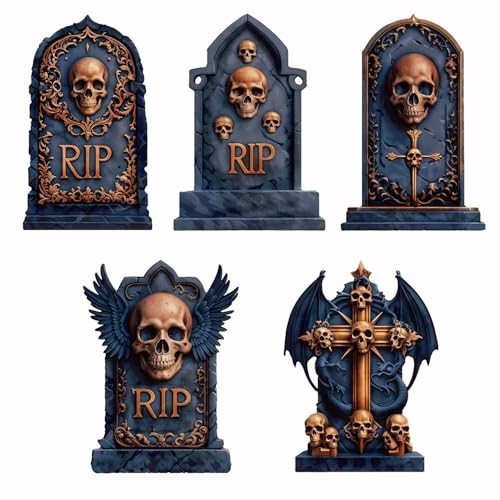 BoGlowHaven 5-Pack 24 Deep Blue Gold Halloween Tombstones Outdoor Decor - Waterproof RIP Grave Markers with Fiberglass Stakes for Cemetery Yard Signs Tombstones for Graves Halloween