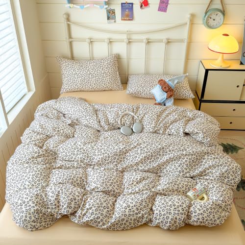 Image of VM VOUGEMARKET Leopard Duvet Cover Set Queen,Cream Grey,Muslin Cotton
