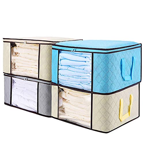 senbowe Large Foldable Clothes Storage Bags, [4 Pack] Collapsible Storage Bag Organizers, Large Clear Window, Handles, Zippers,for Clothes, Blankets, Closets, Dorm, Bedrooms - (21.7 x 15.7 x 9.8”)