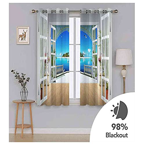 Rideaux salon d'enfants vue mer bleu rideau occultant de fenêtre balcon de 2 pièces
