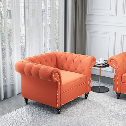 Image of Chesterfield Chair, Modern Velvet Tufted Accent Sofa Couch Chair with Scroll Arms and Nailhead for Living Room, Bedroom, Office, Apartment (Orange)