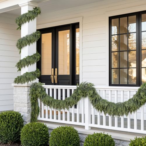 Image of Hananona 9FT Artificial Cedar Garlands, 2Pcs Real Touch Soft Cedar Pine Garland, Winter Artificial Greenery Garland for Fireplace Mantel Staircase Porch Table Indoor Home Decor (2, Dark Green, 9FT)