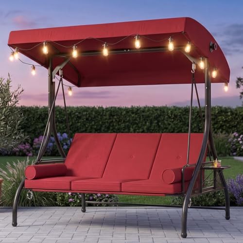Image of Aoxun Outdoor Porch Swing with Stand and Canopy, 3 Seats Outdoor Swings for Adults, Convertible 2 in 1 Swing Bed with Cup Holder, Patio Swings with String Lights for Garden, Yard & Balcony, Wine