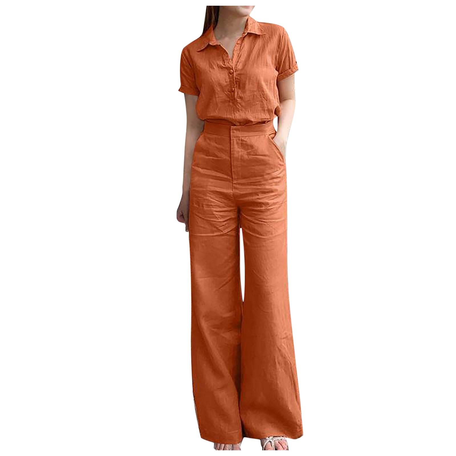 2-teiliges Freizeit-Outfit Baumwolle für Damen, ärmellose Weste mit Knopfleiste, gerade geschnittene Hose mit weitem Bein Taschen Hosenanzug Damen Cord Jumpsuit Kurz Elegant