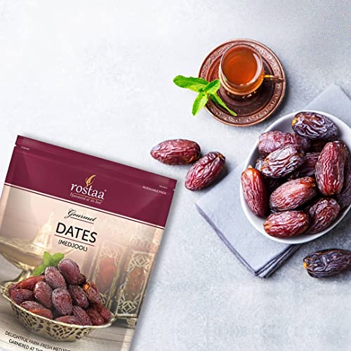 Image of Rostaa Medjool Premium Jumbo Dates Healthy & Nuturious snack,Natural Sweetener,Rich in Vitamins& Minerals Gluten Free Non-GMO & Vegan Omani Dates (680g) Each (Pack of 2) Black Dates, Gourmet Medjool dates, delightful, farm fresh Medjool dates and Khajur