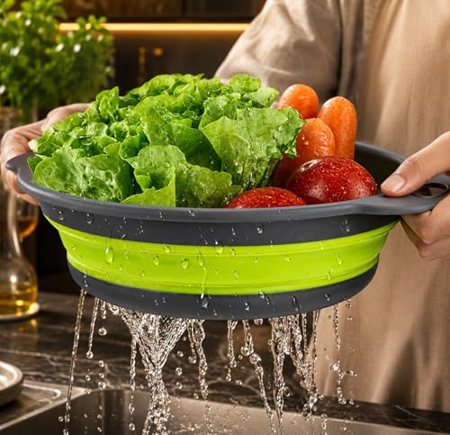 Image of Collapsible Silicone Colander Set of 3 with Drain Tray, Foldable Kitchen Colander with Handles, Fruits, Vegetables, Pasta & Kitchen Storage, Space Saving (Green & Grey)