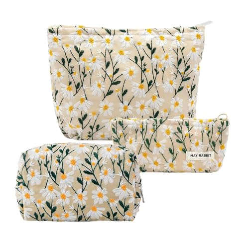 3 Piezas Paquete Neceser con Bordado Floral, Mujeres Neceser Viaje Algodón, Floral Margaritas Cosméticos Organizador, Bolsa Maquillaje Portátil Viaje, para el Día a Día y Viajes, Ideal para Viajes
