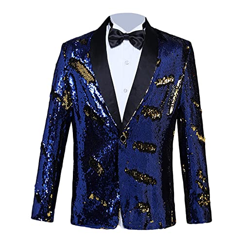 Men's Shiny Sequins Suit Jacket Sequin Wedding Nightclub Tuxedo Sport Coat Slim One Button Festival Party Blazer (Blue 2,X-Large)