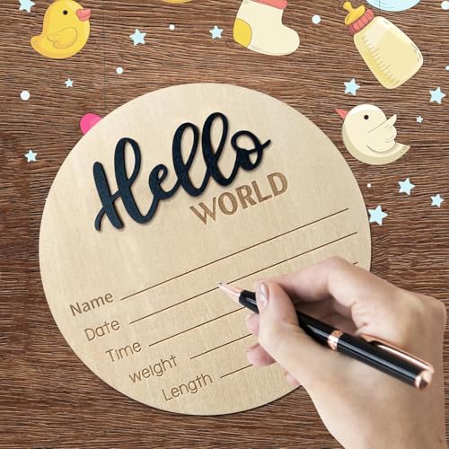 Image of Baby Announcement Sign, 5.9 Inch Wooden Hello World Newborn Signs, Birth Announcement Sign, Baby Shower Hospital Nursery for Newborn Boys and Girls (Black,Pen)
