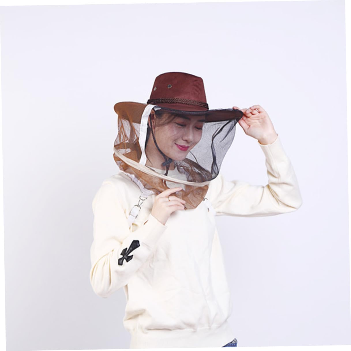 Toyvian Cappello da Ape Protettivo con Velo Integrale per Viso e Collo, Cappello da Apicoltore Traspirante con Cerniera e Guanti in Pelle Bianca, Protezione Antinsetto per Giardinaggio e Escursionismo