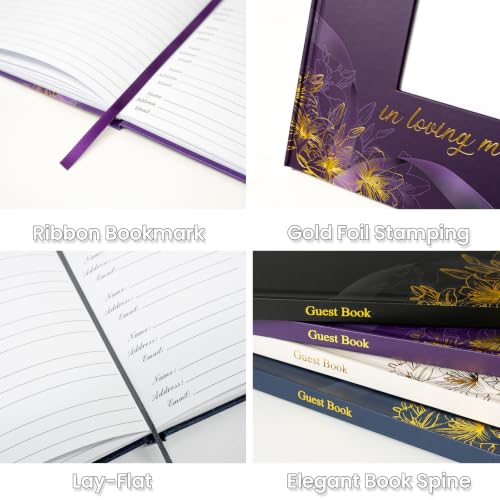 Image of Funeral Guest Book, in Loving Memory Sign in Book with Photo Slot | 330 Entries, Table Sign Card Included, Gold Stamping, Twill-Textured Paper Cover, Celebration of Life Keepsake, 9x7.5 inch, Beige