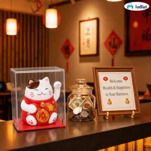 Image of FunBlast Maneki Neko Lucky Cat, Waving Arm Solar Powered Good Luck Wealth Welcoming Display Car Decor Paw Up with Arm, Decor Item for Home, Office and Car (Red)