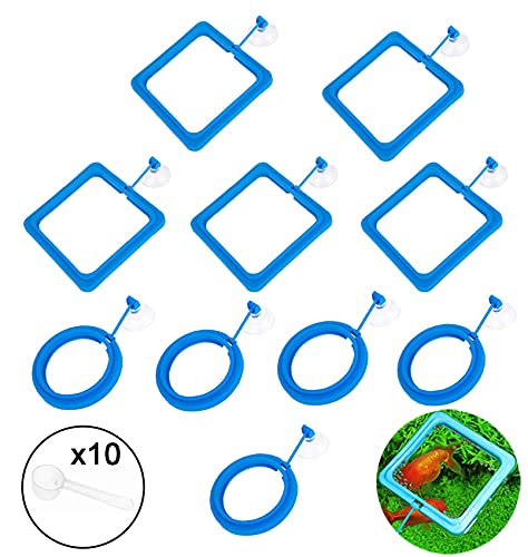 Lucky Interests 10 PCS Fish Feeding Rings Set, Square & Round Shape Fish Food Feeder Circle, with Suction Cup for Aquarium, Blue Floating Food Feeder for Guppy, Goldfish, Small Fish Include 10 Spoons